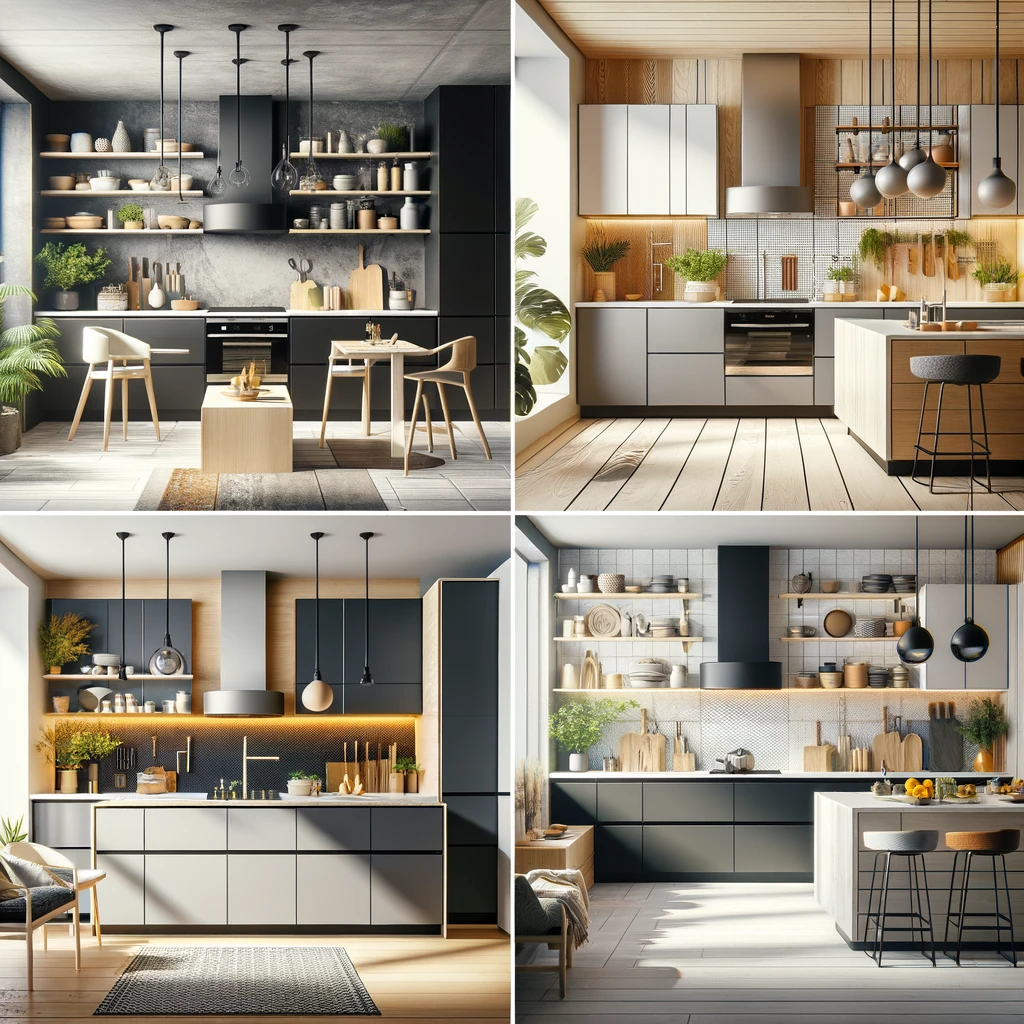 A series of four different kitchen designs showcasing the versatility of IKEA cabinets in creating spaces to suit different styles and needs.